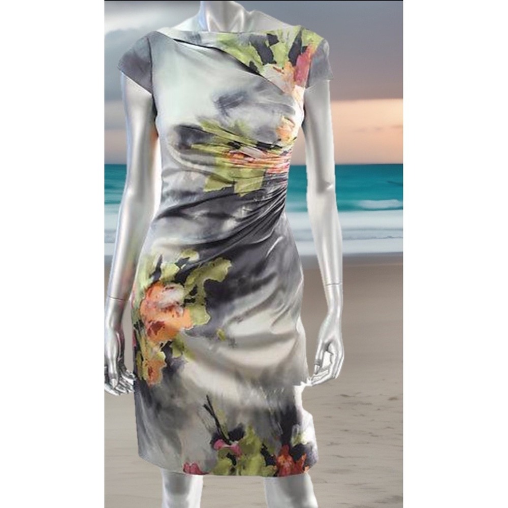 KAY UNGER Elegant Silk Blend Grey Floral Print  Ruched Sheath Dress Size 6